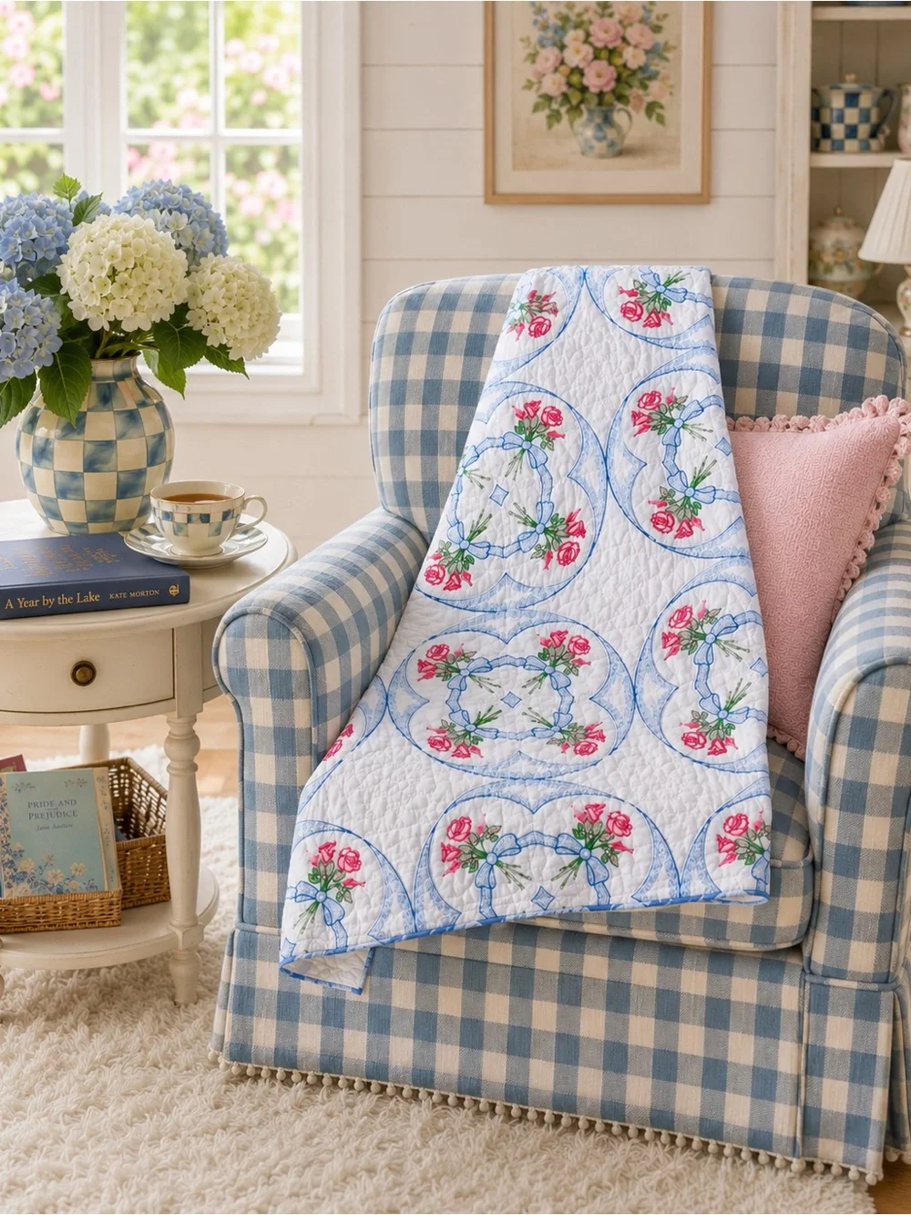 Beautiful Lap Crib Quilt 44”x29” Floral Embroidered